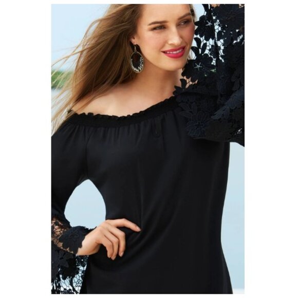 Joseph Ribkoff Black Lace Off Shoulder Dress Resortwear Statement Sleeves XL - Picture 2 of 9